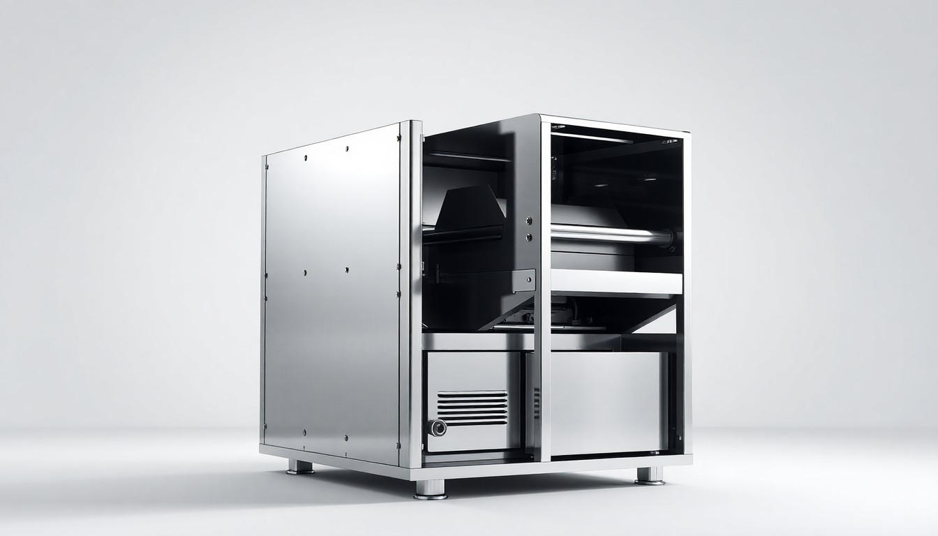 A photorealistic studio still-life image of a sleek, modern recycling baler made of polished steel and chrome, set against a clean, monochromatic background and dramatically lit to showcase the precision engineering of Bollegraaf's equipment.