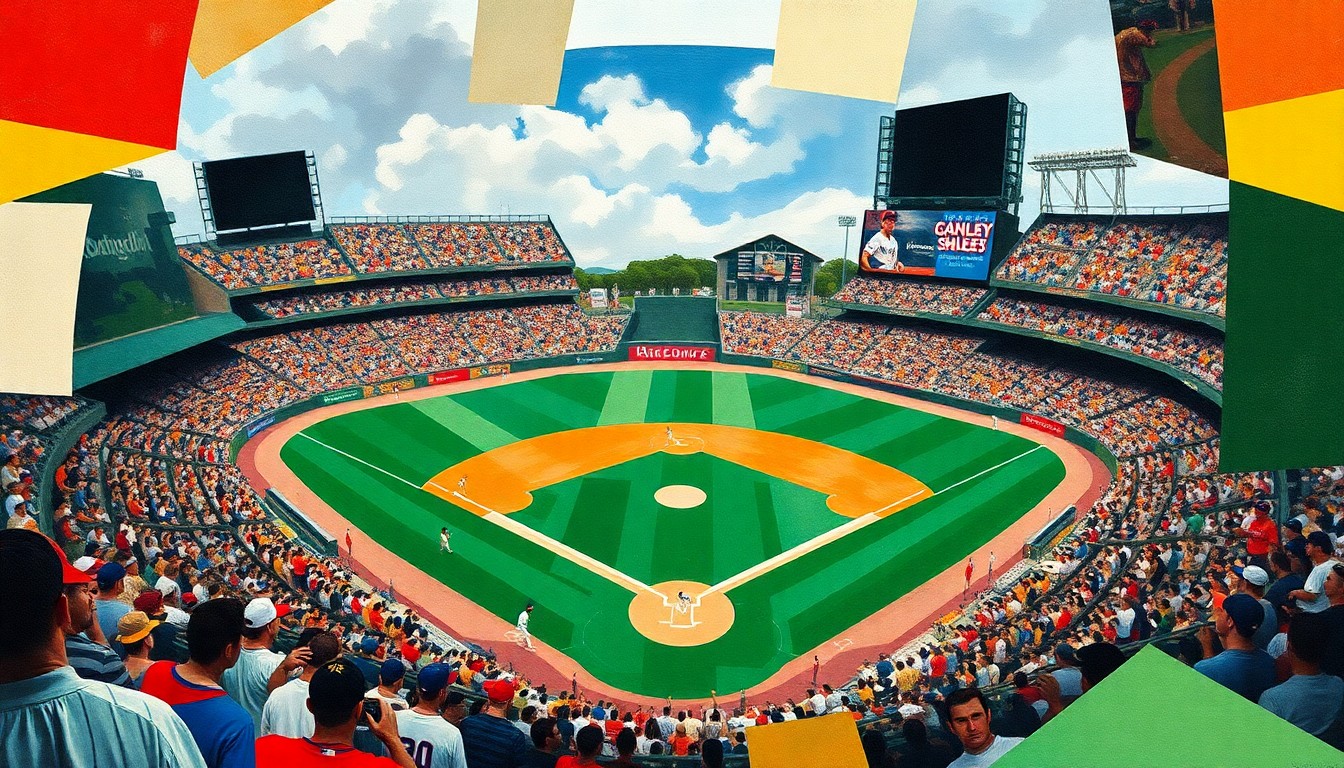 A fragmented, geometric painting in vibrant colors depicts the dynamic action of a baseball game, with players and the field reduced to overlapping shapes and planes.