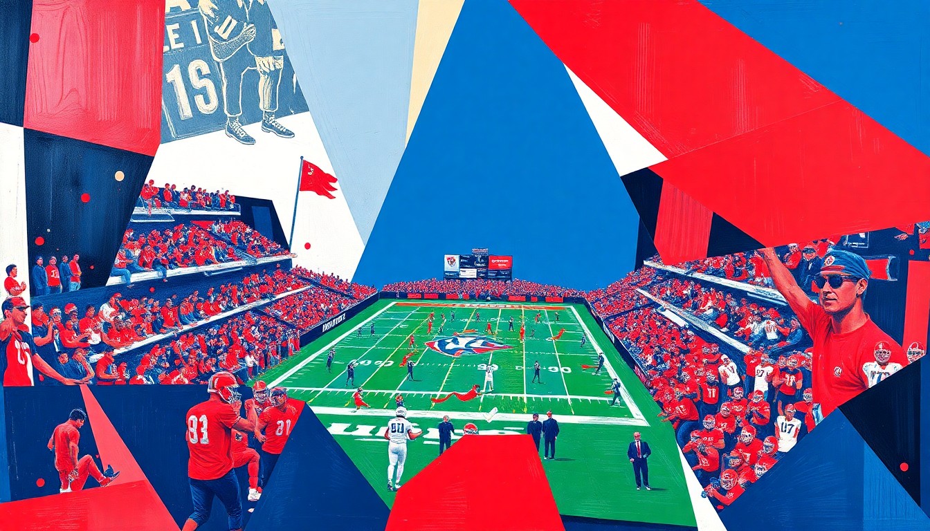 A cubist, geometric painting depicting an abstract college football game, with sharp planes of navy blue and red intersecting to create a fragmented, multi-perspective view of the action on the field.