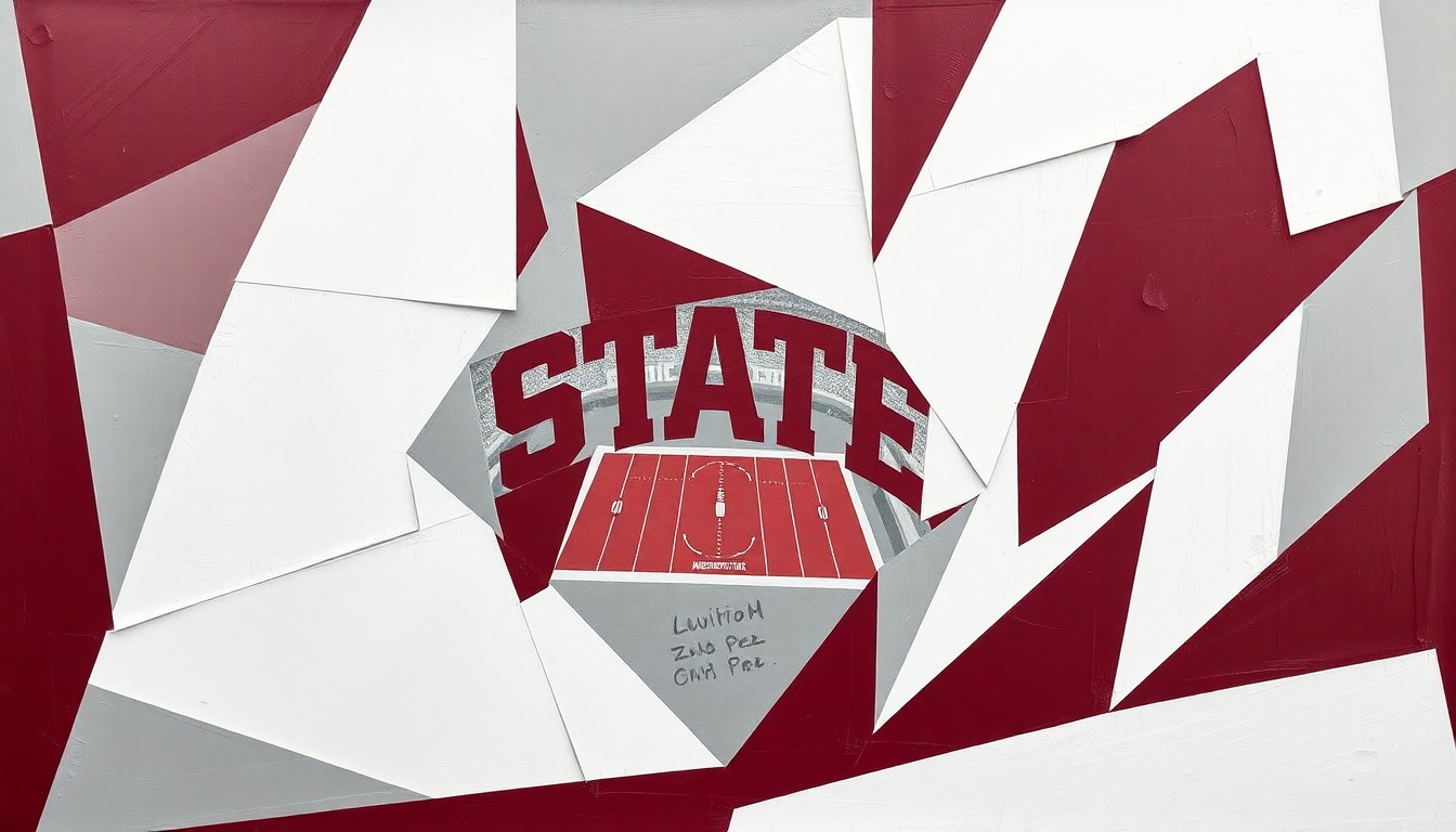 A cubist, geometric painting featuring overlapping planes of maroon, white, and gray, conceptually representing the dynamic action of a Mississippi State football scrimmage.