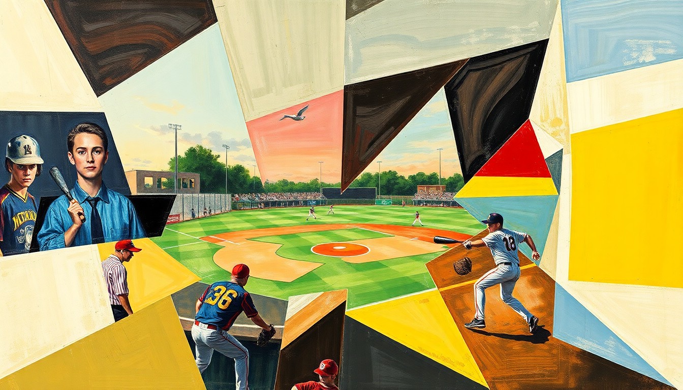 A fragmented, geometric painting depicting the dynamic movements and energy of a high school sports competition, with bold colors and sharp, angular shapes.