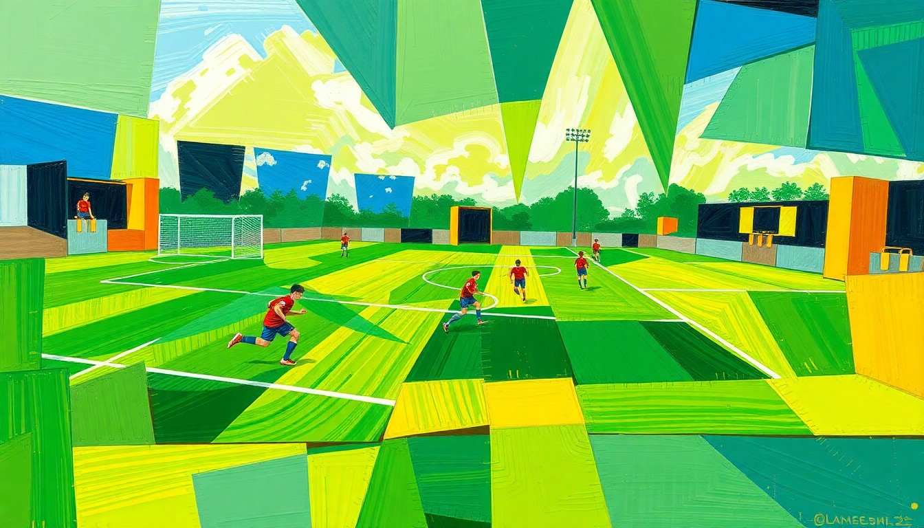 A dynamic, cubist-style painting depicting a high school soccer match, with the players and field broken down into overlapping geometric shapes and planes of vibrant green, blue, and yellow hues.