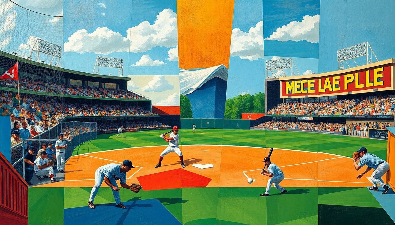 A vibrant, geometric painting depicting the dynamic movements and overlapping perspectives of a college baseball game, with players, bats, and balls fractured into sharp, angular shapes.