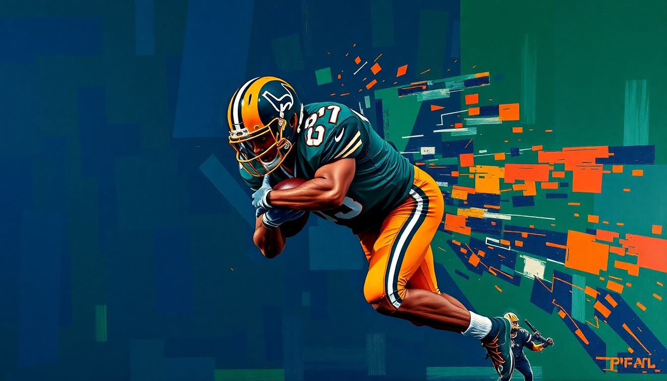 A fragmented, geometric painting depicting the powerful movements of a defensive tackle in action, with sharp planes of color and overlapping perspectives conveying the intensity of the sport.