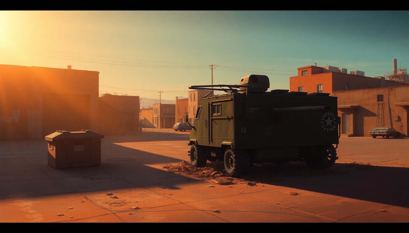A photorealistic painting of an abandoned military vehicle or weapons cache in a deserted urban setting, with warm sunlight casting dramatic shadows across the scene, conceptually representing the lingering impact of the ongoing conflict between Israel and Hezbollah.