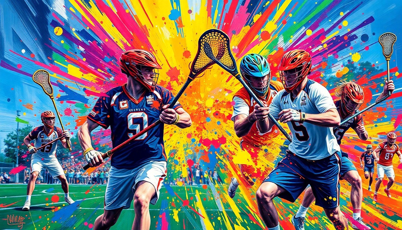 An abstract expressionist painting in vibrant neon colors, with rapid brushstrokes capturing the dynamic motion and energy of a boys lacrosse match, the players' forms dissolving into colorful, unrecognizable shapes.