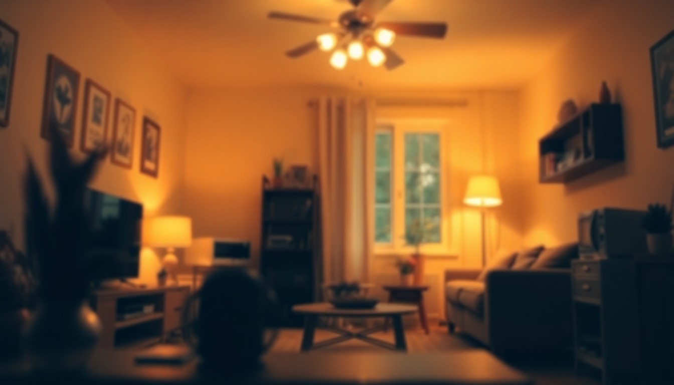 A blurred, impressionistic photograph of a cozy living room, with the silhouettes of household objects and appliances visible in the foreground, conveying a sense of warmth and comfort.