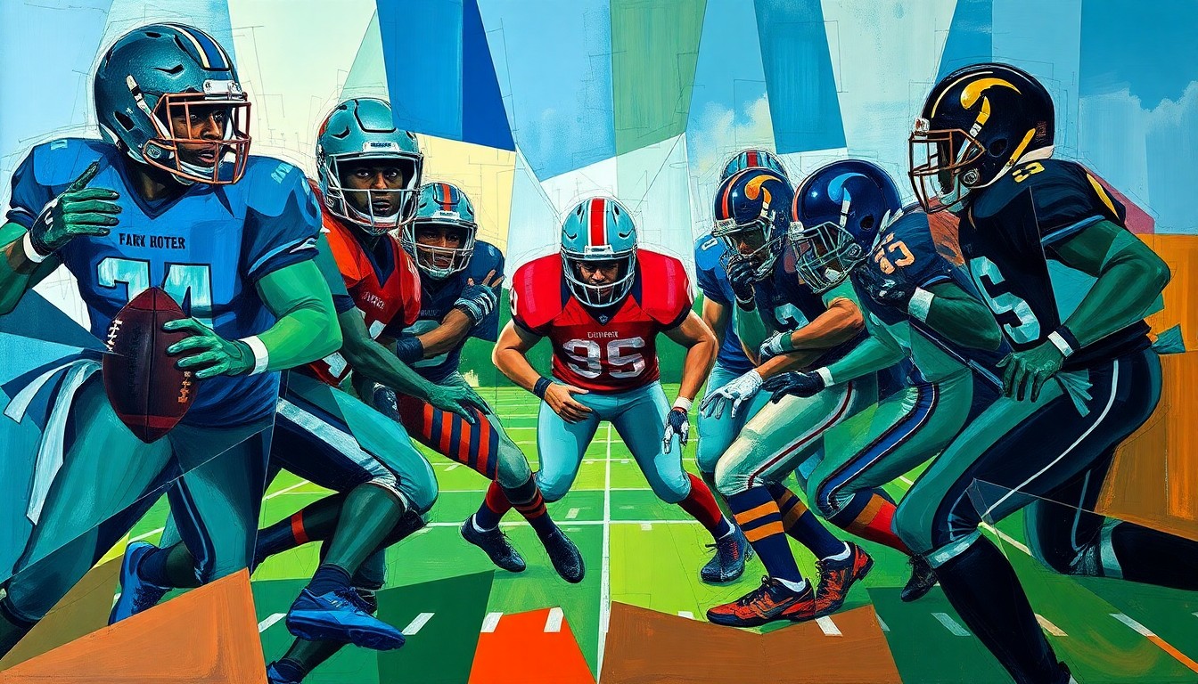 A fragmented, geometric painting in the style of Pablo Picasso, depicting the abstract forms of football players in motion, with sharp angles and overlapping planes of deep blue, green, and red colors.