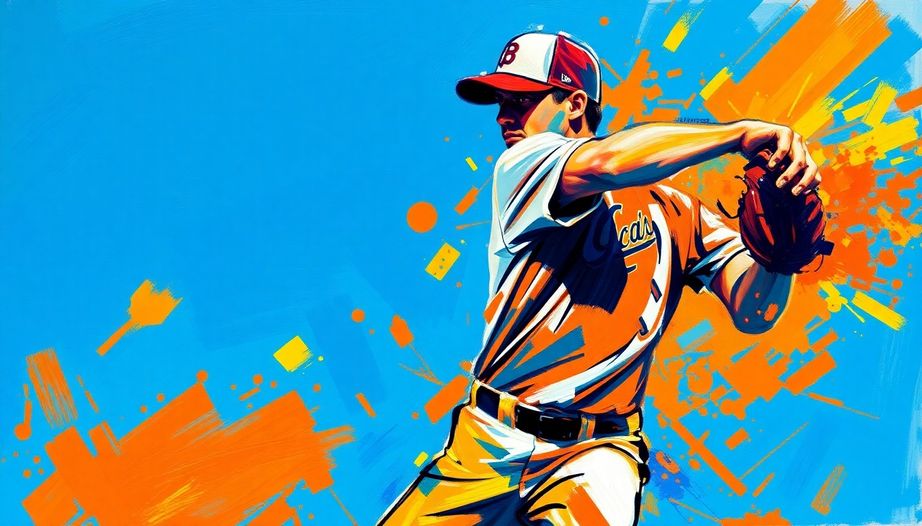 An abstract, expressionist painting in vibrant neon colors depicting the explosive motion of a baseball pitcher, with the pitcher's form dissolving into unrecognizable splatters of paint, conveying the dynamic energy of the game.