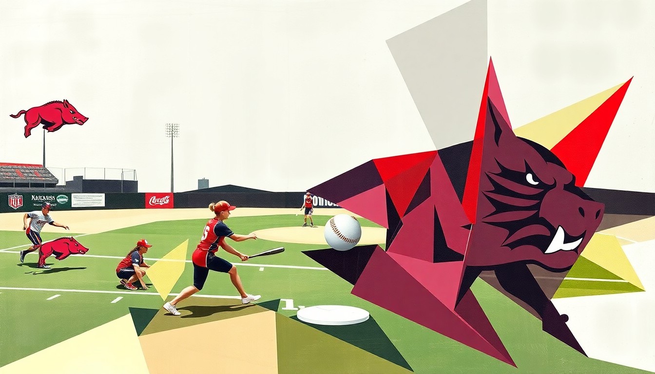 A fragmented, geometric painting depicting a softball game in progress, with the players and ball broken down into sharp, overlapping shapes in the teams' official colors.
