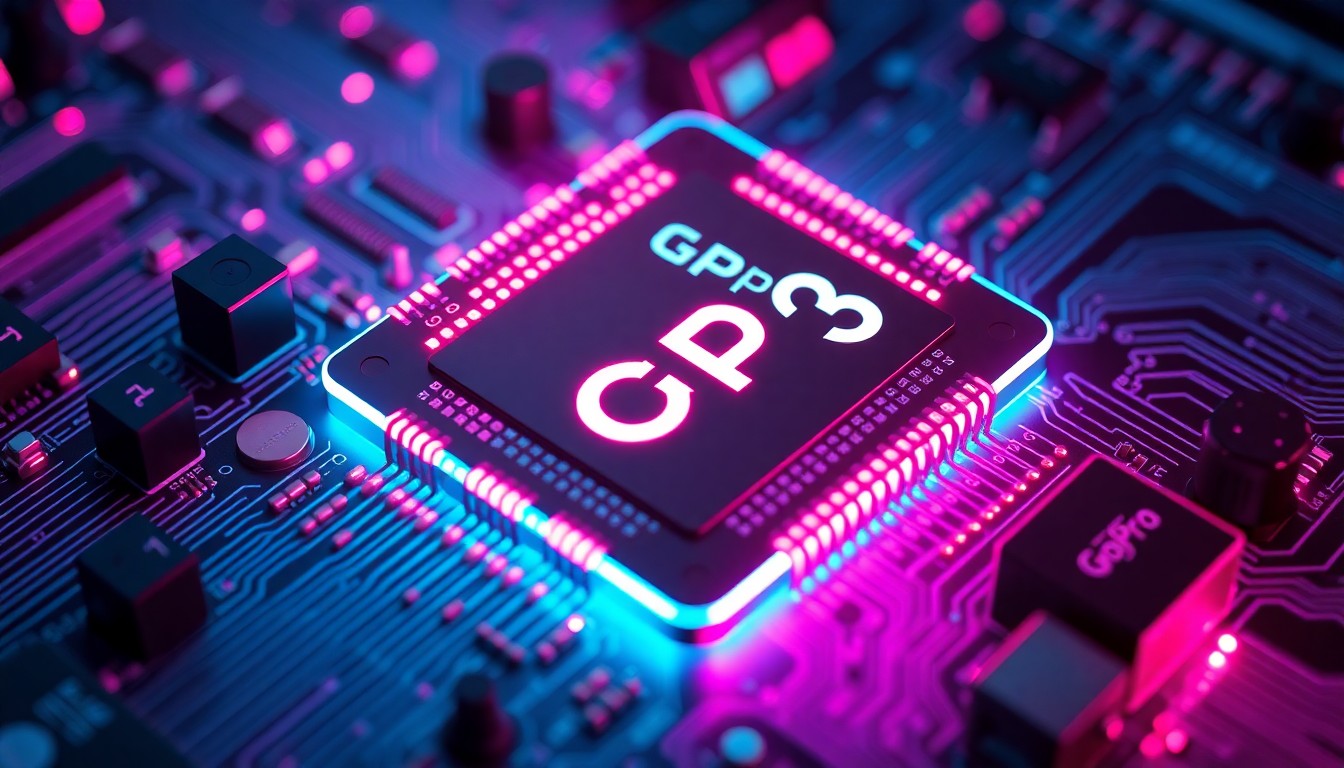 A highly detailed, glowing 3D macro illustration of the intricate circuitry and components of the GoPro GP3 processor chip, with neon cyan and magenta lights illuminating the complex digital infrastructure.
