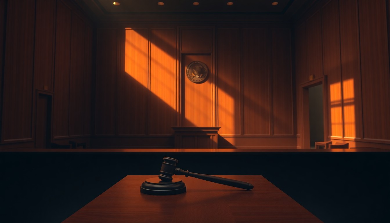 A dimly lit, cinematic painting of an empty courtroom with a single judge's gavel resting on the bench, bathed in warm, diagonal sunlight and deep shadows, conveying a sense of contemplation and the weight of the legal decision at hand.