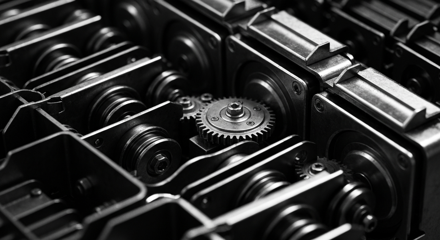 A high-contrast, cinematic close-up of the intricate gears and mechanisms of a credit card processing machine, rendered in a dramatic, black-and-white industrial style that conveys the power and complexity of the financial infrastructure enabling global digital payments.