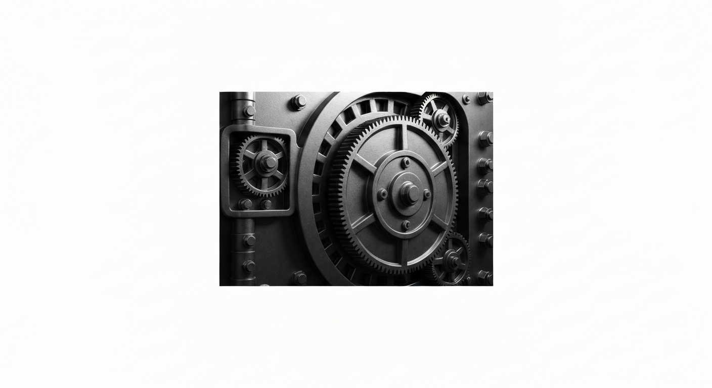 A high-contrast black and white image depicting the intricate gears and mechanisms of a large, industrial banking vault, representing the financial security and institutional power of the healthcare company Johnson & Johnson.