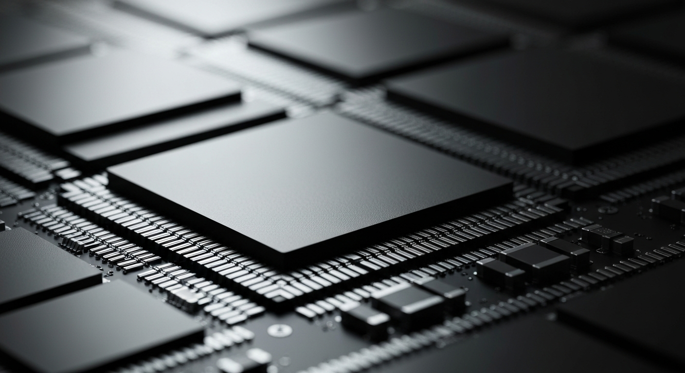 An extreme close-up of the intricate, metallic circuitry and components of a semiconductor chip, rendered in a high-contrast, industrial style that emphasizes the complexity and power of modern microprocessor technology.