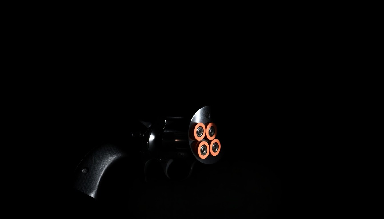 An extreme close-up photograph of a .22-caliber revolver with six live rounds, lit by a harsh, direct camera flash against a pitch-black background, conceptually illustrating the dangerous weapon that was seized from the suspect.