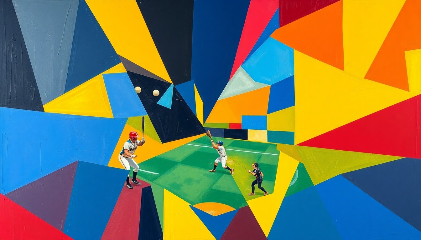 A vibrant, cubist-style painting depicting a softball game in motion, with players and the field broken down into sharp, overlapping geometric shapes and planes of color.
