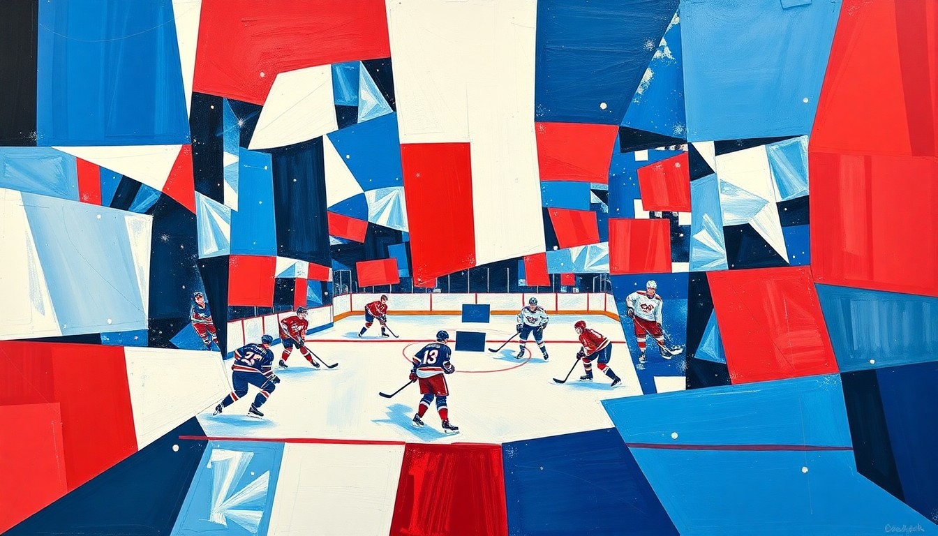 A cubist, geometric painting depicting a hockey game, with sharp, overlapping planes of blue, red, and white colors representing the competing teams and the dynamic action on the ice.