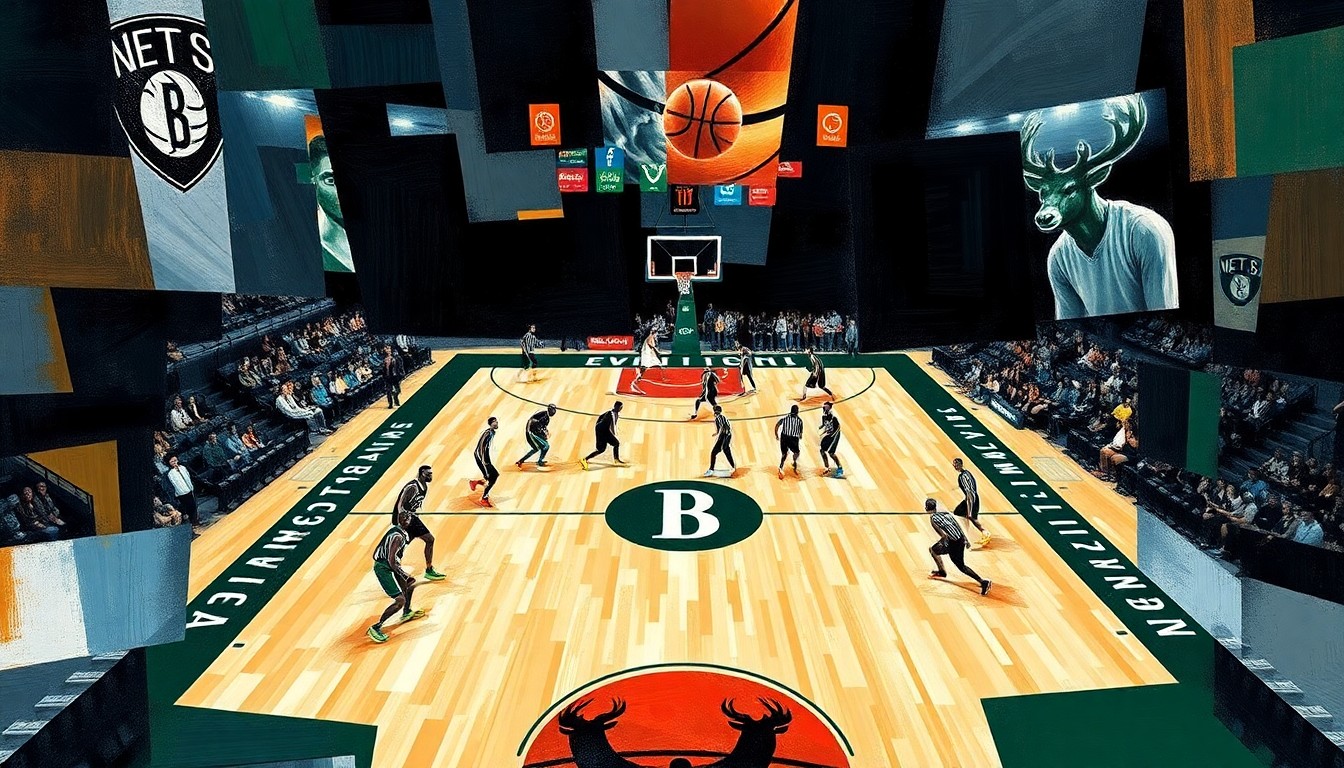 A cubist-style painting depicting a basketball game between the Brooklyn Nets and Milwaukee Bucks, with the players and court rendered in sharp, overlapping geometric shapes and planes, creating a dynamic, abstract composition.