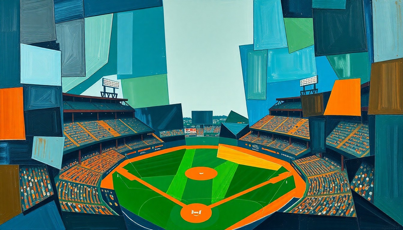 A cubist, geometric painting depicting a baseball game broken down into overlapping planes of navy, green, and orange, conceptually representing the teamwork and skill of the Aztecs' no-hit pitching performance.
