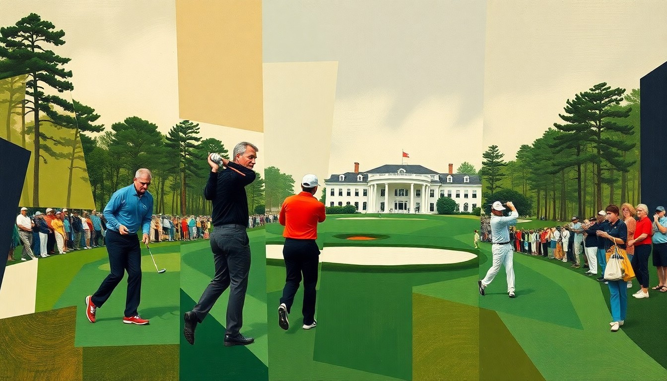 A cubist, geometric painting depicting a fragmented scene of a golf tournament at Augusta National, with the players' forms broken down into abstract shapes and the iconic clubhouse and pine trees in the background.