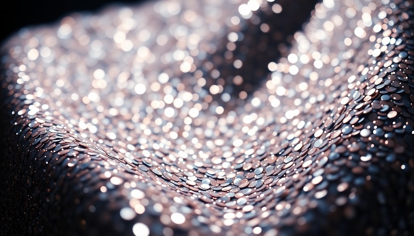 An extreme close-up photograph of shimmering, glittering sequins in dramatic high-contrast studio lighting, capturing the glamour and luxury associated with celebrity culture.