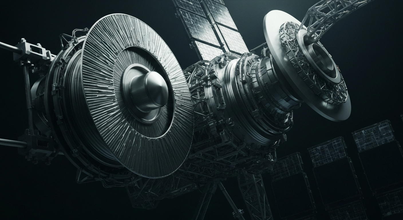 An extreme close-up of intricate, metallic satellite components and machinery, bathed in dramatic shadows and highlights to represent the complex infrastructure powering Viasat's satellite broadband services.
