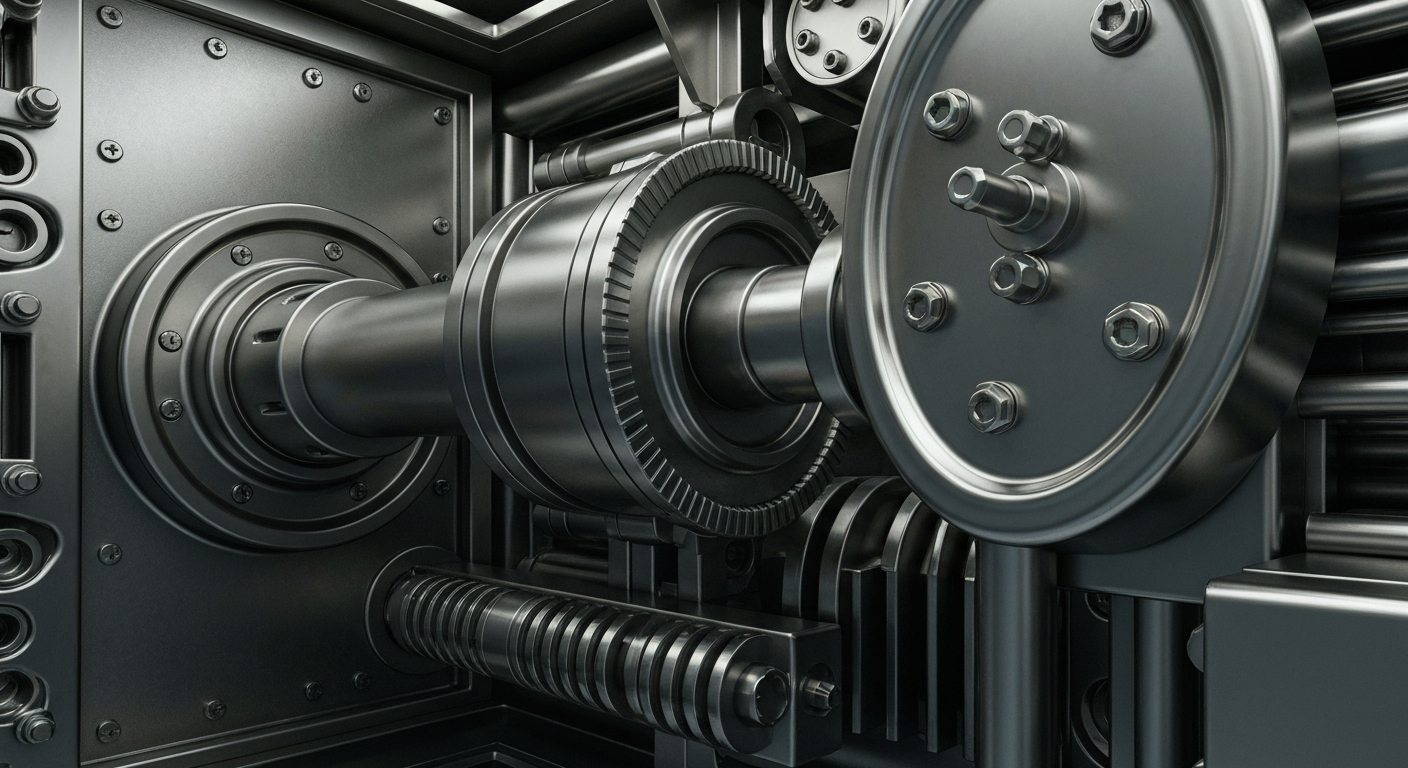 A cinematic close-up of the heavy, industrial machinery and intricate mechanisms that make up the inner workings of a bank vault, conveying a sense of the tangible power and security of the banking industry.