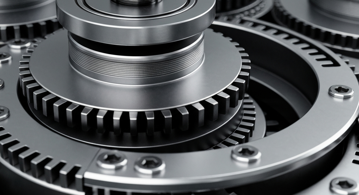 An extreme close-up of intricately designed metal gears and machinery in shades of silver, steel, and black, conceptually representing the complex financial infrastructure that enables the biotech industry to function and innovate.