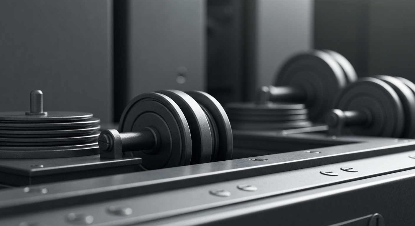 A highly detailed, black-and-white macro photograph of gears, levers, and other industrial machinery, conveying the tangible, physical nature of the financial markets.