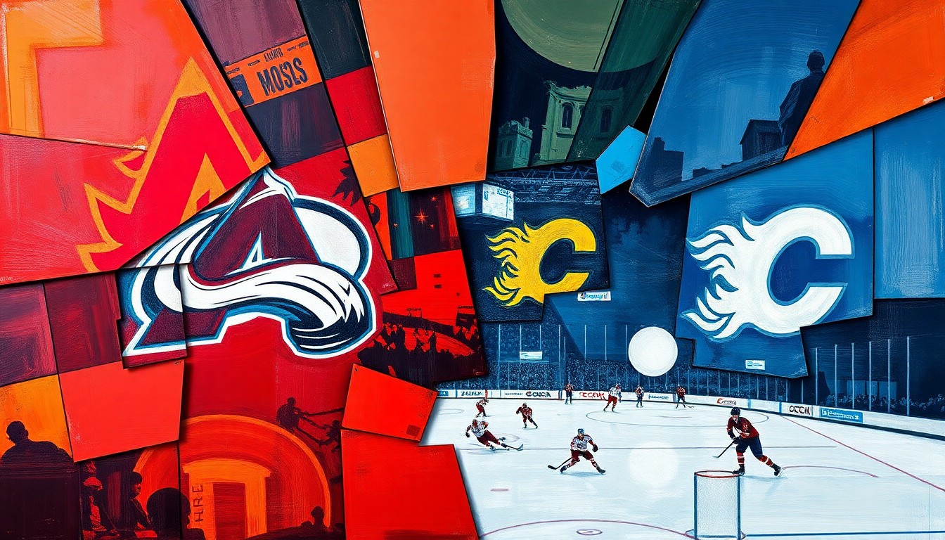 A cubist, geometric painting depicting the dynamic action of a hockey game, with players and the puck fragmented into sharp, overlapping shapes and planes of color.