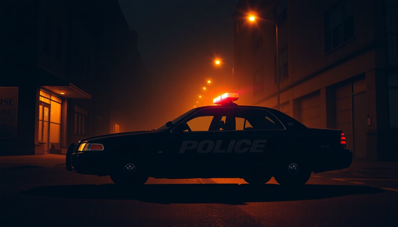 A photorealistic painting of a solitary police car parked on a dimly lit urban street, with warm sunlight casting deep shadows across the scene, conveying a sense of quiet contemplation and the tensions underlying this politically charged case.