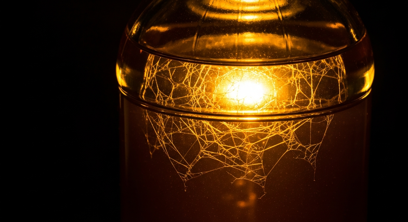A translucent X-ray photograph showing the internal structure of a glass bottle filled with a glowing, ghostly liquid, conceptually illustrating the hidden contamination risk within a dietary supplement product.