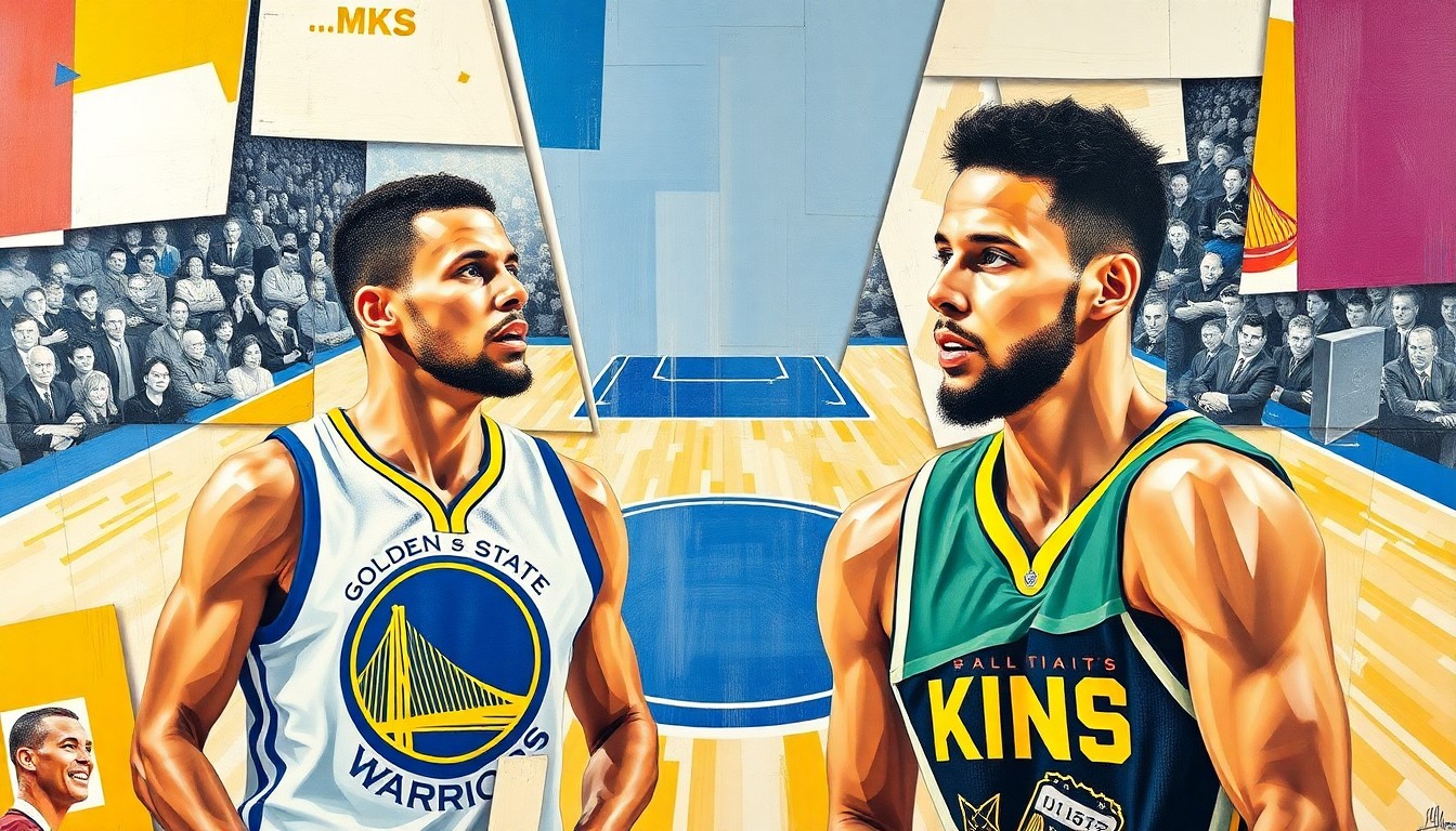 A fractured, multi-perspective painting depicting a basketball game between the Golden State Warriors and Sacramento Kings, with the players represented as angular, overlapping geometric forms in a cubist style.