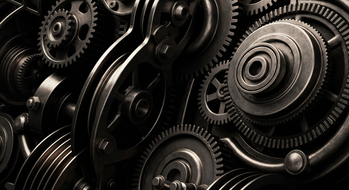 An extreme close-up of intricately connected gears, pulleys, and other heavy industrial machinery in shades of steel gray, bronze, and black, conceptually representing the powerful financial infrastructure and technology powering Uber's ride-sharing and delivery services.