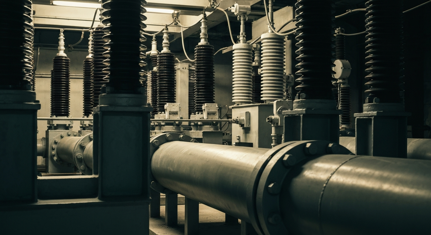 An extreme close-up of the intricate machinery and pipes that make up the physical infrastructure of an electrical substation or natural gas distribution facility, conveying the complex, industrial nature of modern energy systems.