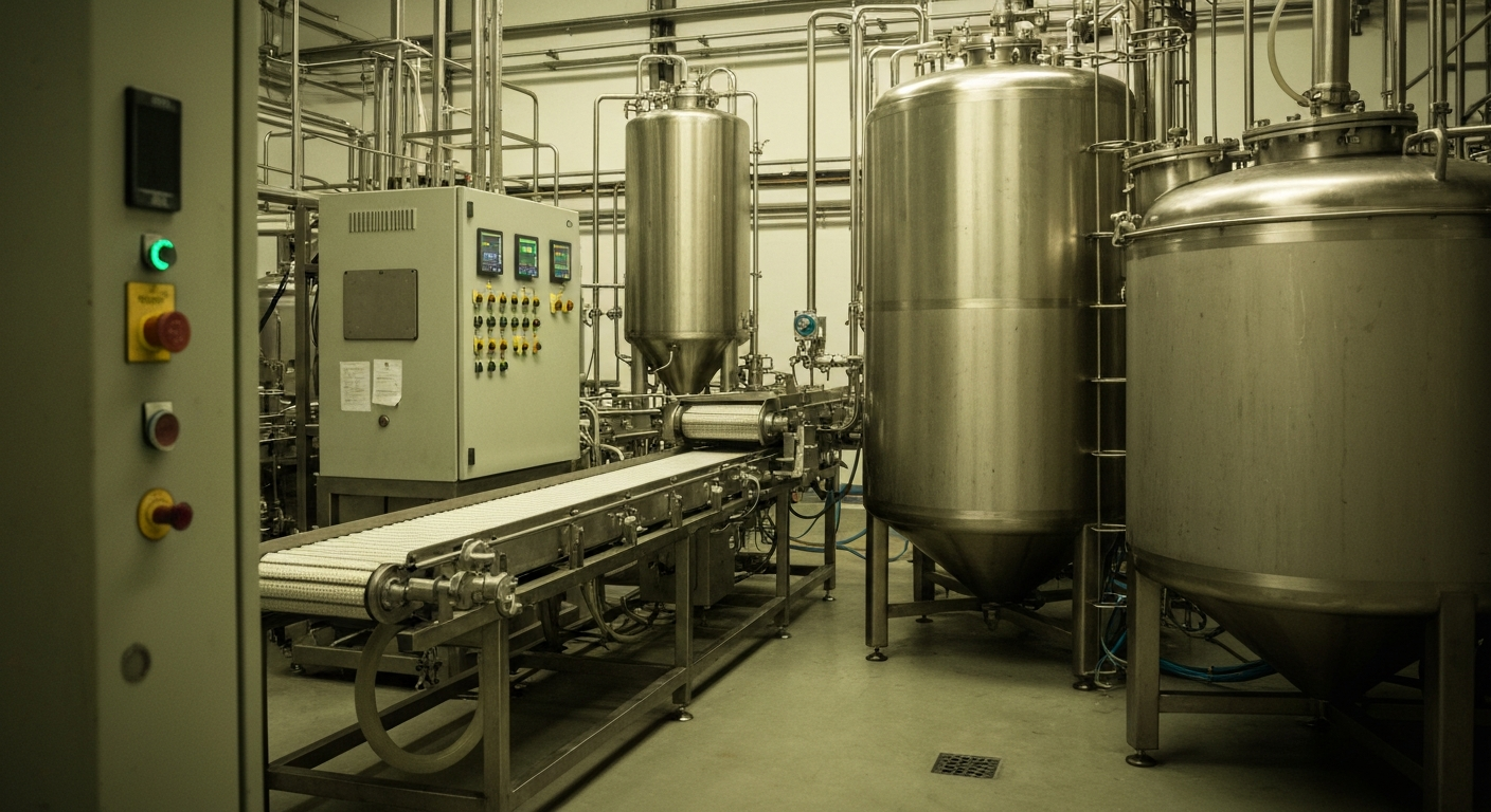 An extreme close-up of gears, pipes, and other heavy industrial pharmaceutical manufacturing equipment, conveying the complex, mechanical nature of drug production.