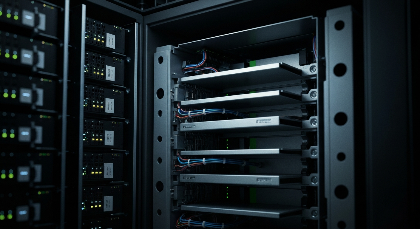 An extreme close-up of the intricate inner workings of a Netflix streaming server, with a maze of cables, circuit boards, and cooling fans, conveying the scale and complexity of the company's technical infrastructure.