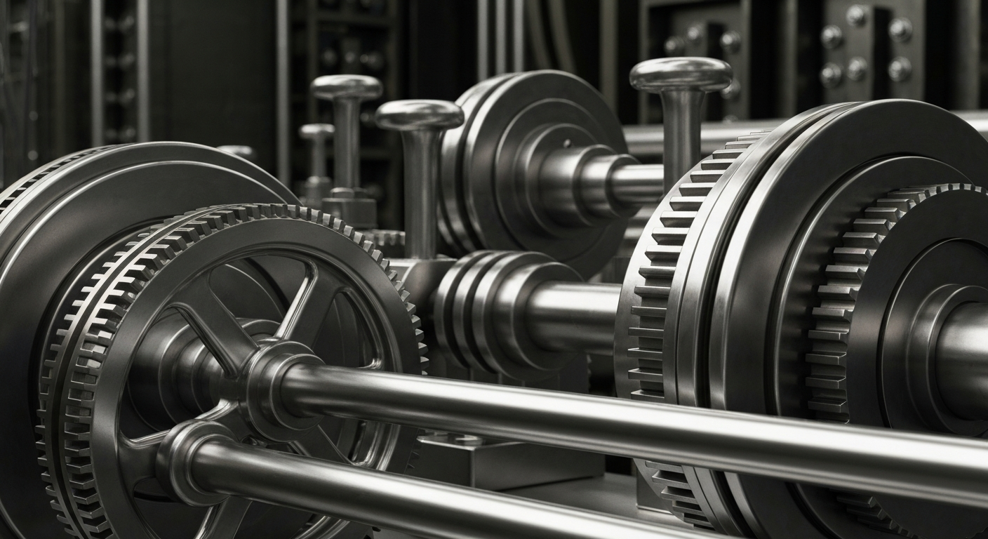 A highly detailed, cinematic close-up image of the heavy, polished machinery and mechanisms that make up the inner workings of a large banking institution, conveying a sense of financial security and institutional strength.