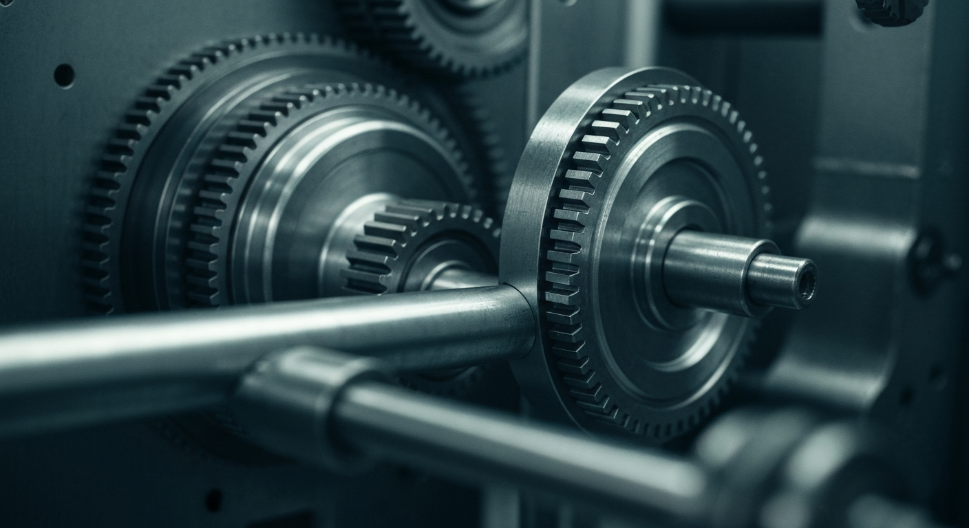 An extreme close-up of shiny, interlocking metal gears and machinery, conceptually representing the complex inner workings and infrastructure of the semiconductor industry.
