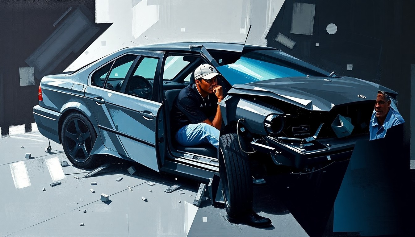 A cubist-style painting depicting a car crash scene with sharp, overlapping geometric shapes in muted tones, conveying the fragmented and disorienting nature of the incident involving Tiger Woods.