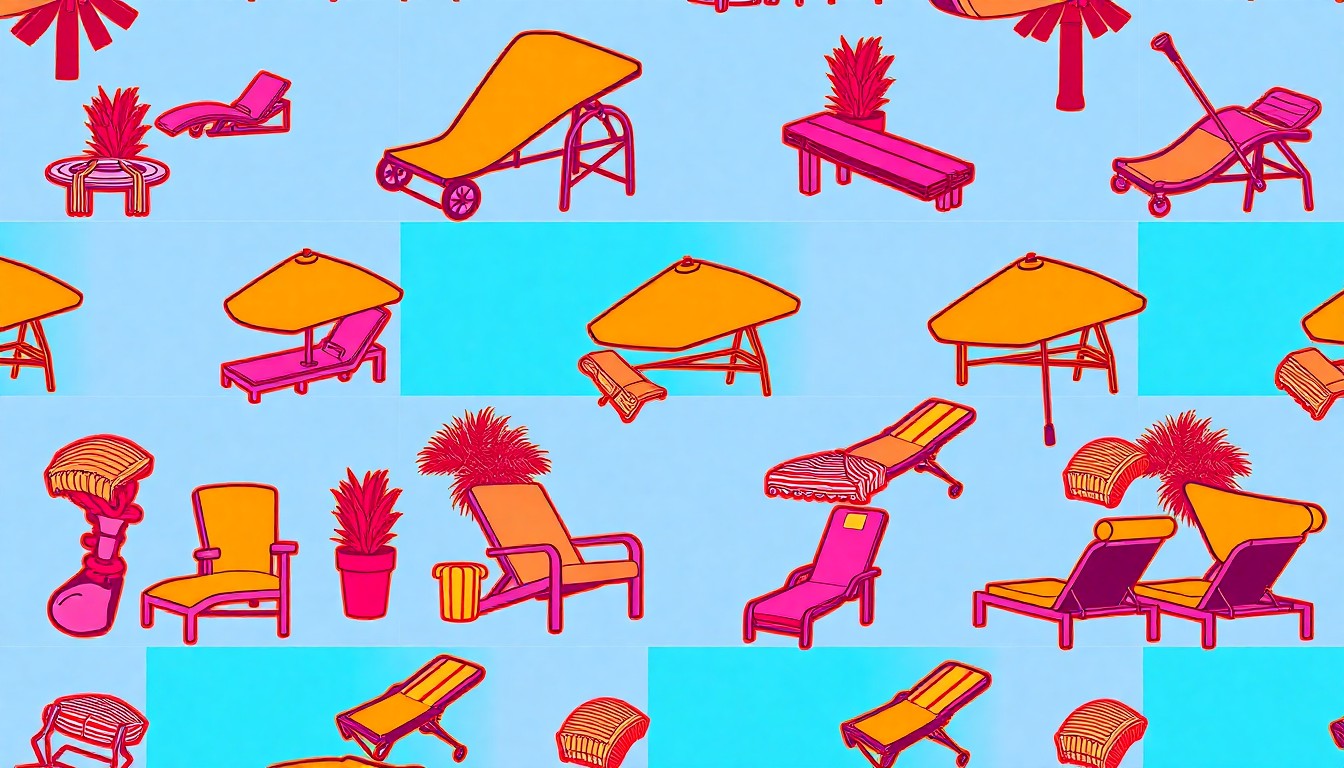 A brightly colored, high-contrast silkscreen print of a golf club, patio furniture, and swimming pool repeated in a tight grid pattern, conceptually representing the luxury amenities and lifestyle of a Coachella Valley rental property.