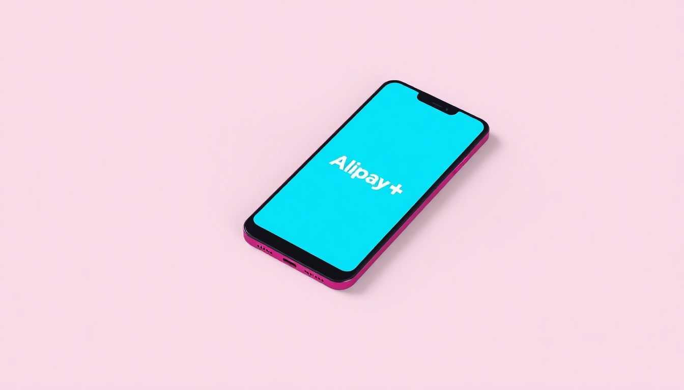 A photorealistic studio still life of a modern smartphone in a bold color resting on a clean, monochromatic background, the phone's screen displaying the Alipay+ logo, symbolizing the digital payments integration.