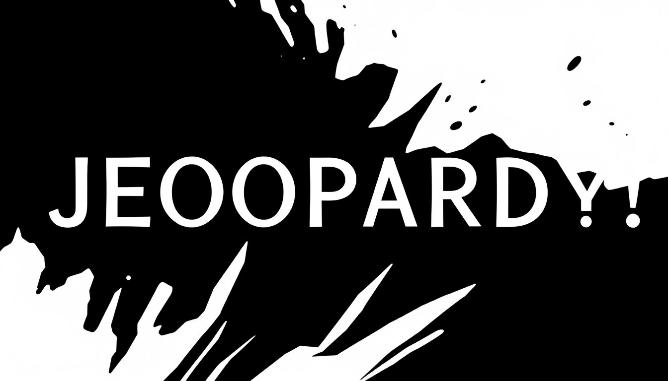 An abstract composition of stark black and white geometric shapes, conveying the tension and unpredictability of a Jeopardy! game show episode.