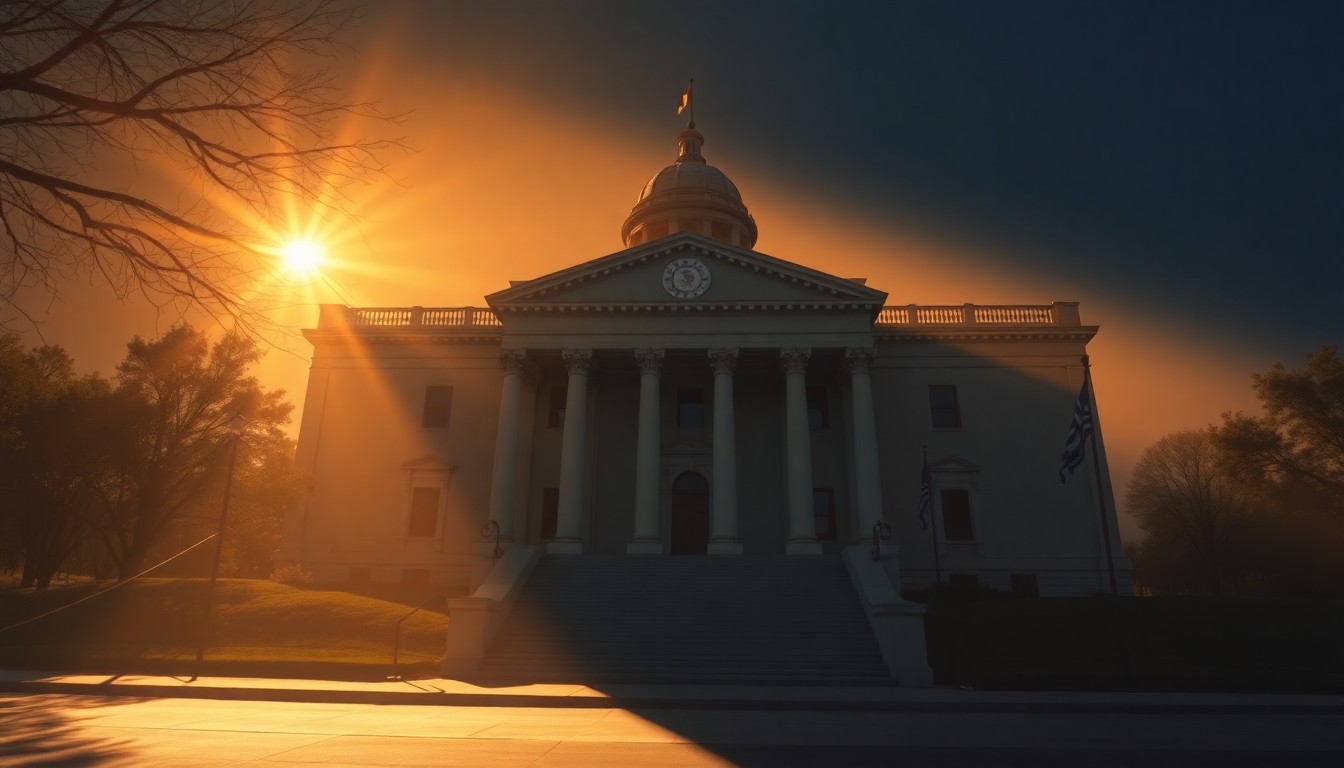 A cinematic painting of the New Jersey State House in warm, golden light, with deep shadows creating a sense of solemnity and history, conceptually representing the significance of the Greek Independence Day observance.