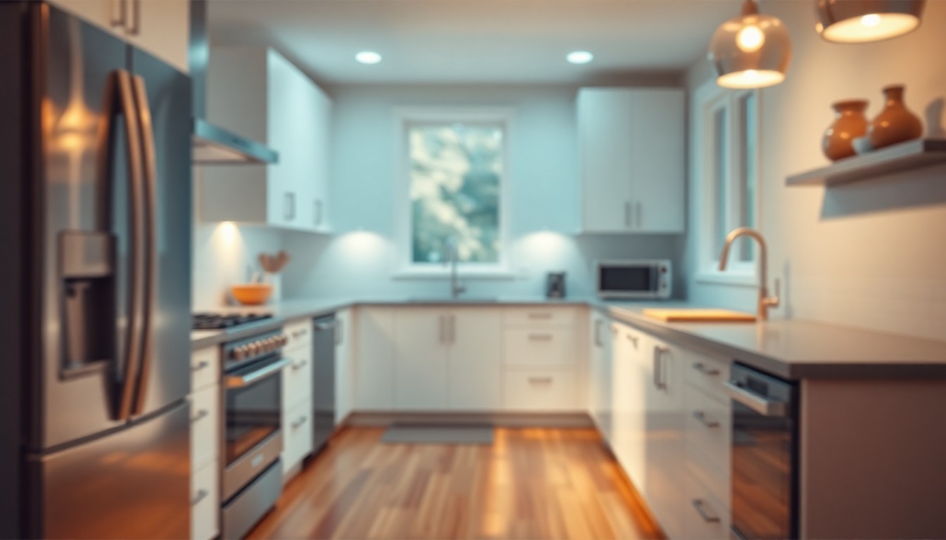 An extremely abstracted, out-of-focus photograph of a modern kitchen with stainless steel appliances and hardwood floors, composed entirely of soft pools of warm color and light, conceptually representing the comfortable and inviting atmosphere of the rental property.