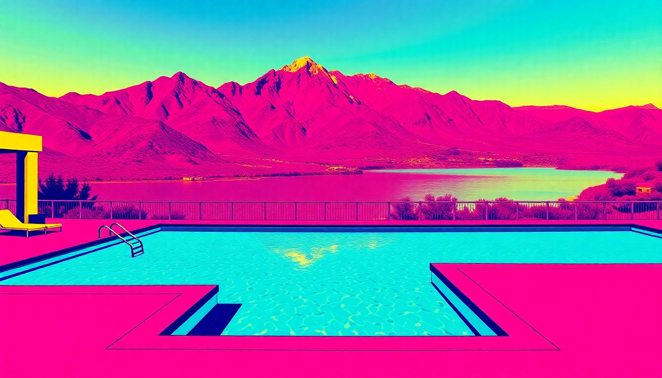 A brightly colored, high-contrast silkscreen print of a swimming pool with a mountain backdrop, repeated in a tight grid pattern, conceptually representing the luxury and exclusivity of the La Quinta rental property.