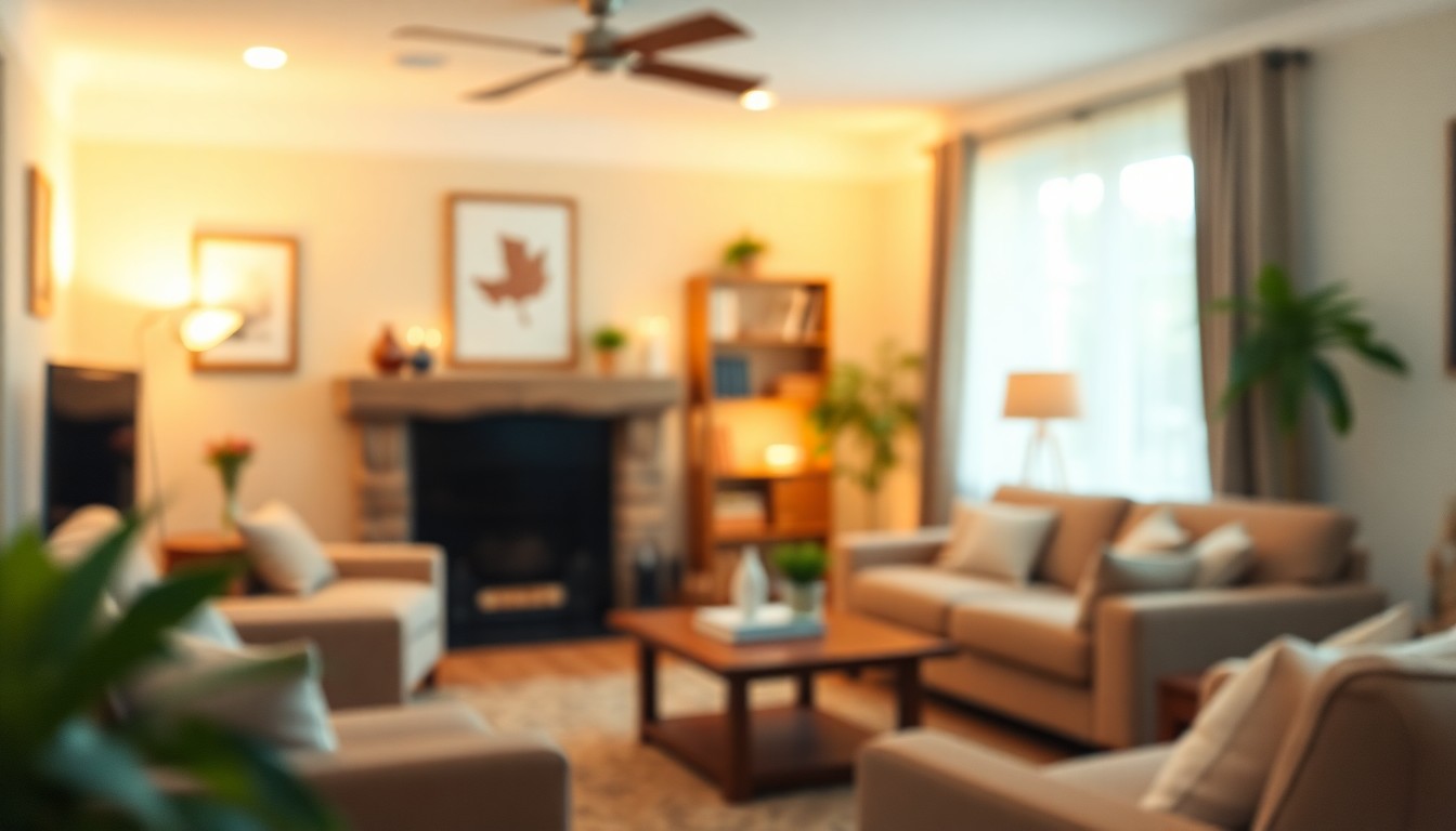 An abstract, out-of-focus photograph featuring warm pools of light and color, conveying the cozy and inviting atmosphere of a comfortable living space.