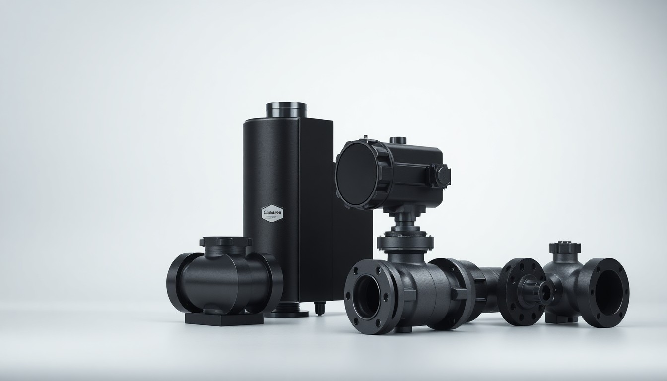 A high-end, photorealistic studio still-life photograph featuring a polished metal cylinder, a sleek sensor module, and a set of industrial safety valves arranged elegantly on a clean, monochromatic background, conceptually representing Cognesense's capabilities in industrial safety, environmental monitoring, and explosion protection.