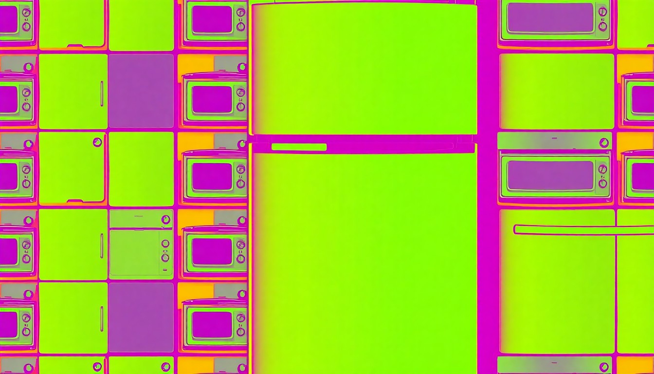 A vibrant, high-contrast silkscreen print of a modern kitchen appliance, such as a stainless steel refrigerator or oven, repeated in a tight grid pattern, conceptually representing the desirable amenities and finishes of a luxury rental property.